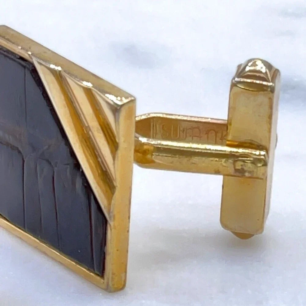 SWANK Vintage Gold Tone Brown Animal/Leather Detail Square Bullet Back Cufflinks
